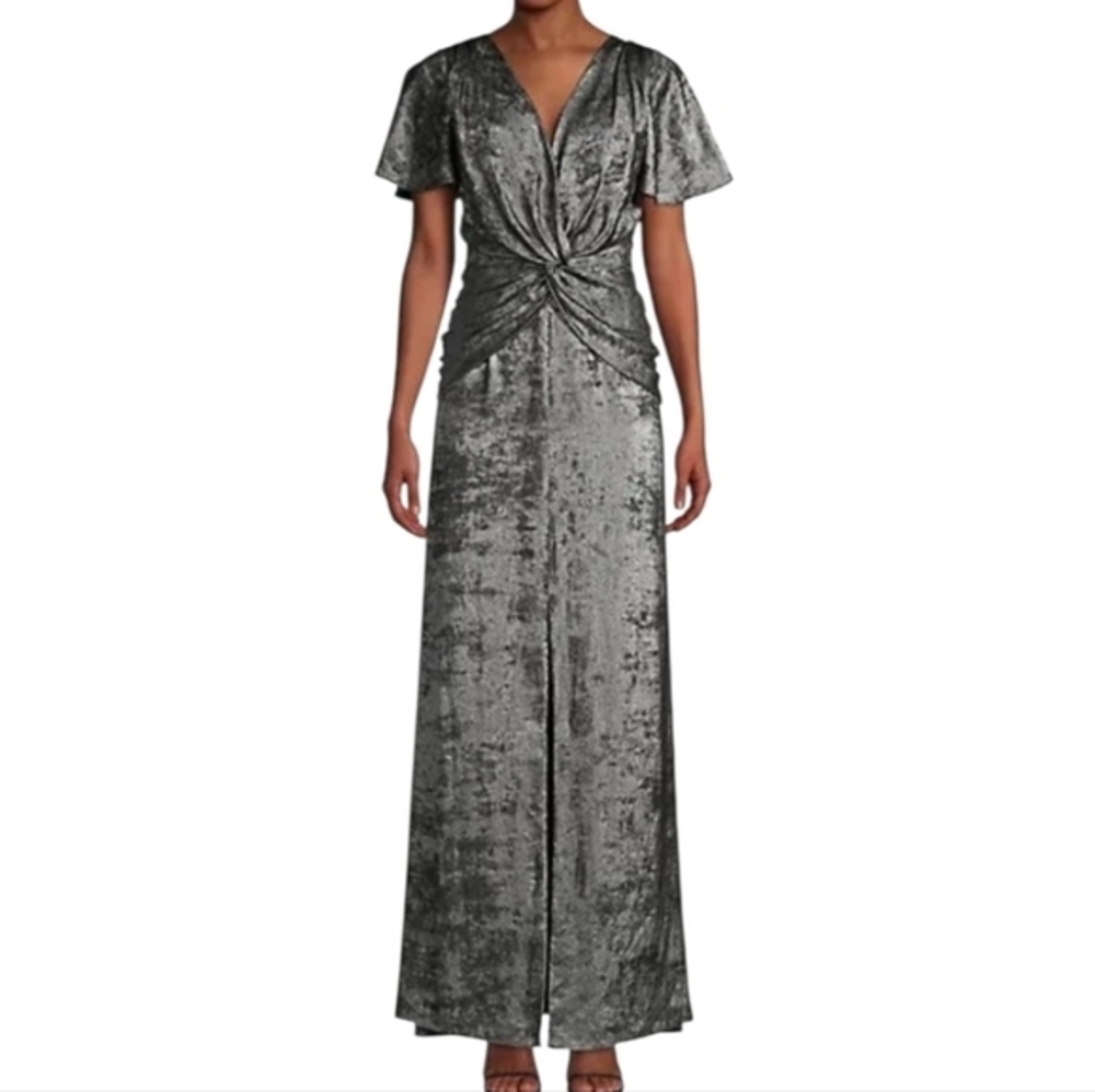 Aidan Mattox Flutter-Sleeve Burn Velvet A-Line Gown Surplice neck Size 8 $350 - Picture 5 of 15